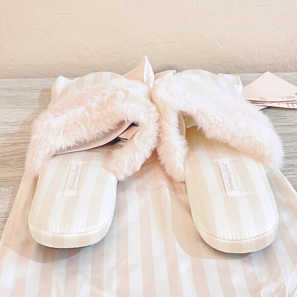 New Victoria's Secret Slippers Small 5 6 Pink White Stripe Satin Faux Fur NWT - Picture 8 of 14